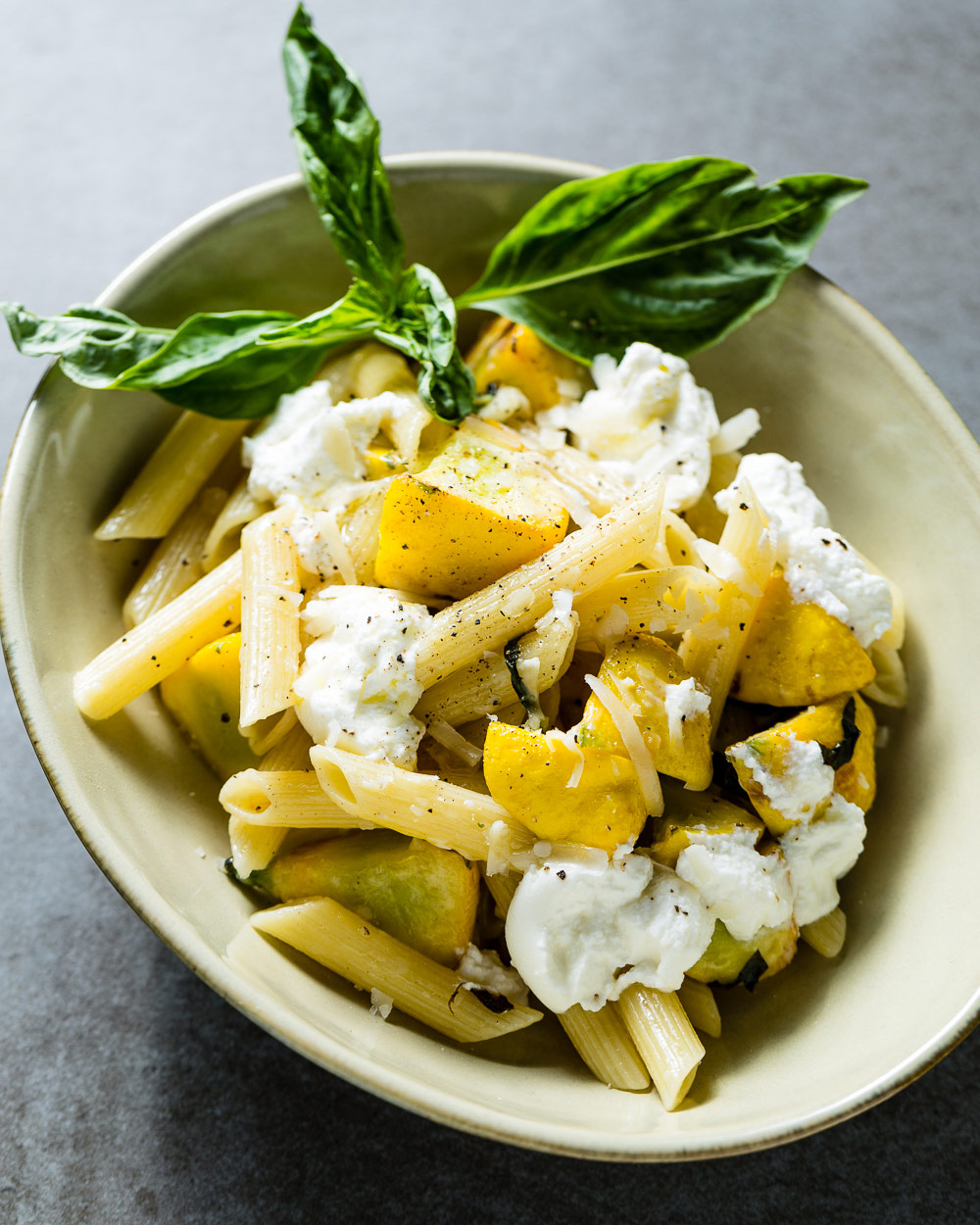 Summer Squash and Ricotta Penne Pasta vertical close up